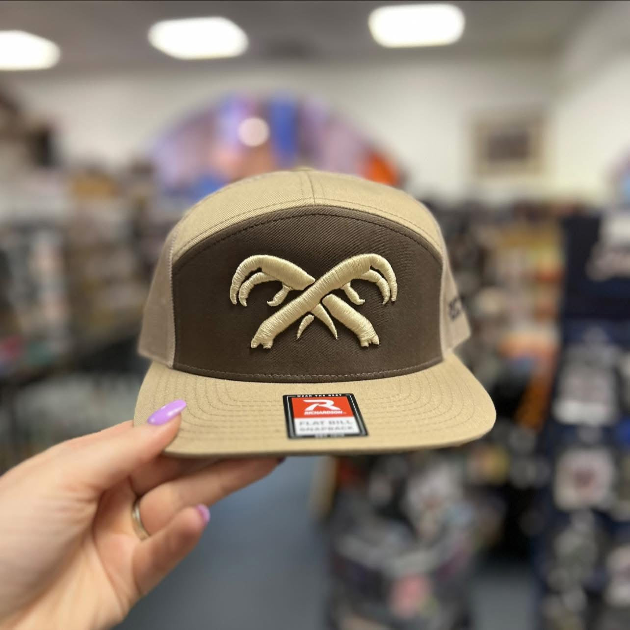ECW Puff Crossed Turkey Spurs Embroidered Hat, Brown/Khaki 7 Panel
