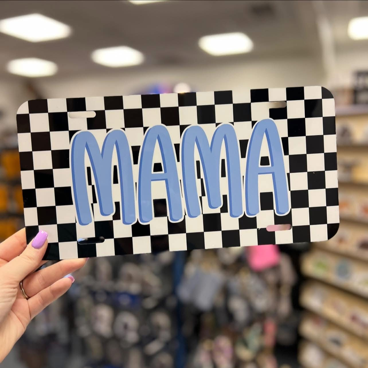 Blue Mama Checkered License Plate