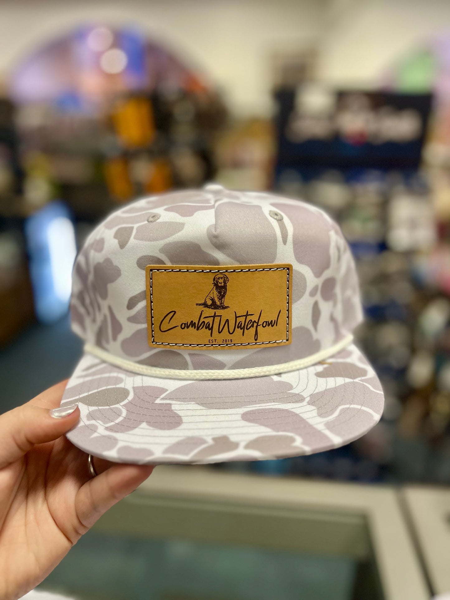 Combat Waterfowl, Lab Patch Rope Hat, Blizzard Duck Camo