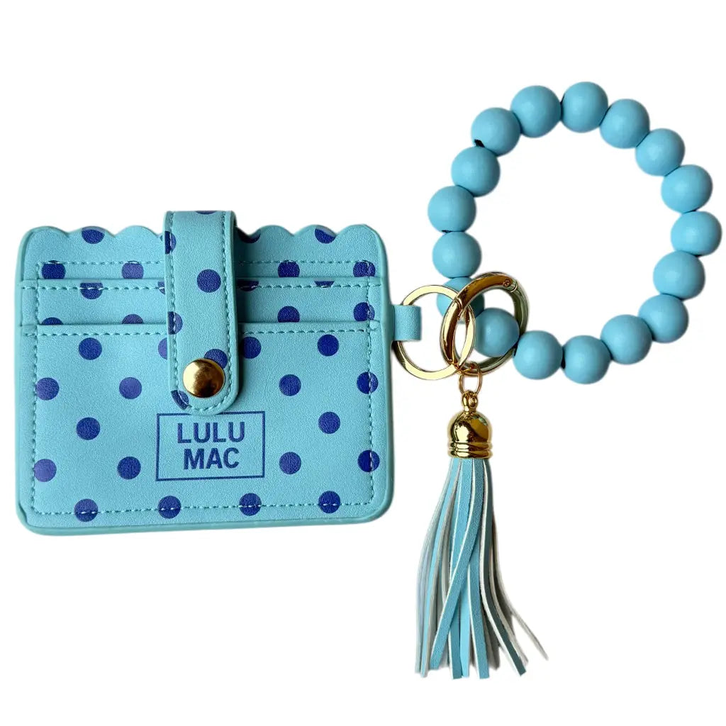 Lulu Mac Beaded Wristlet ID Wallet, Blue/Navy Dots
