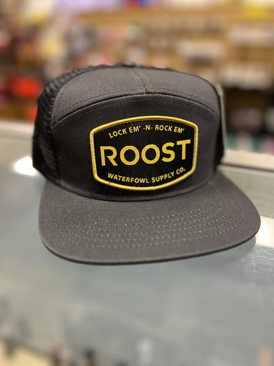 Roost 7 Panel Woven Logo Patch Hat, Black