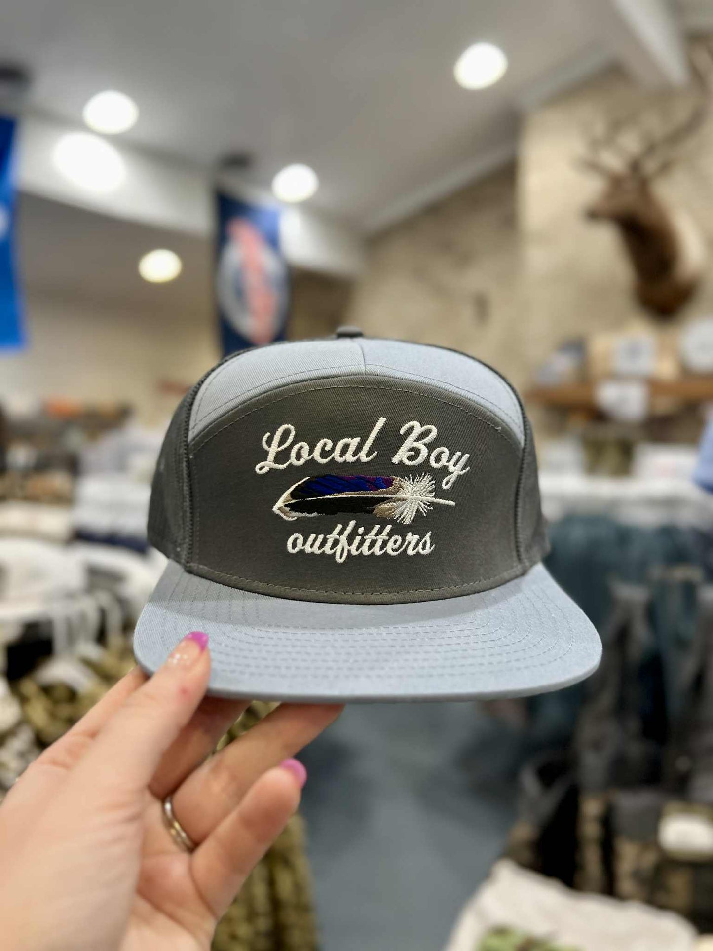 Mallard Feather 7 Panel Hat, Light Gray/Gray