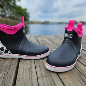Women's Black and Pink Cow Print Buoy Boots