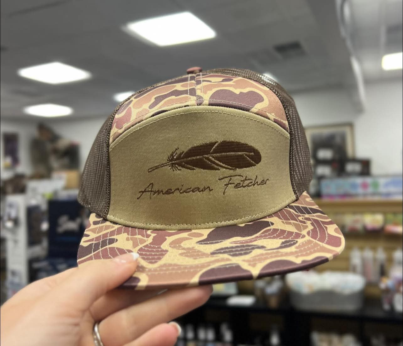 American Fetcher, 7 Panel Classic Feather Hat, Duck Camo