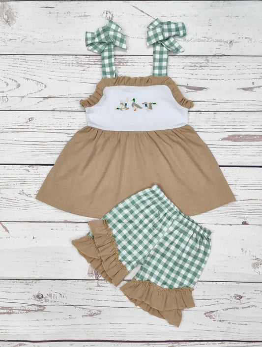 Baby Girl Duck Appliqué Checkered Print Set