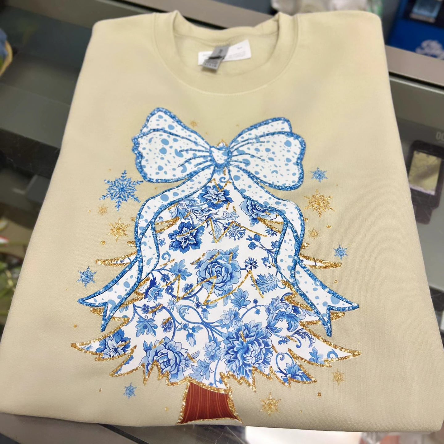 Coquette Blue Bow Tree Crewneck, Sand