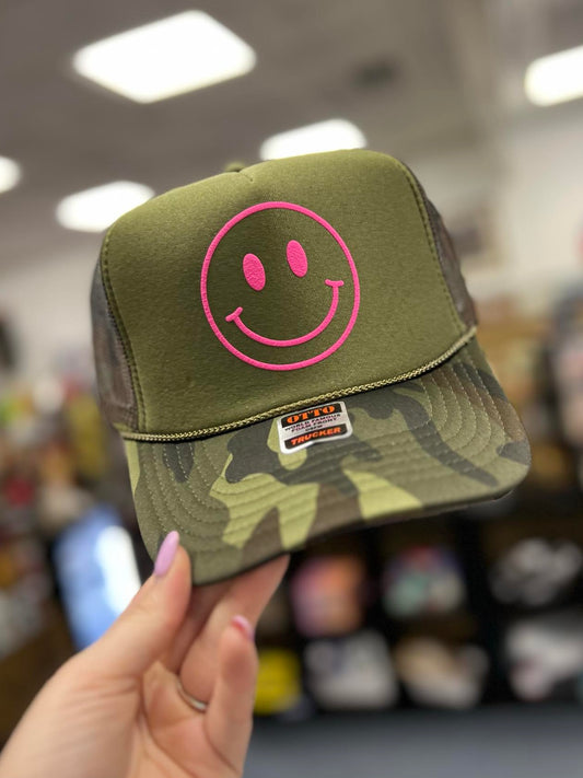Pink Happy Face Camo Trucker Hat