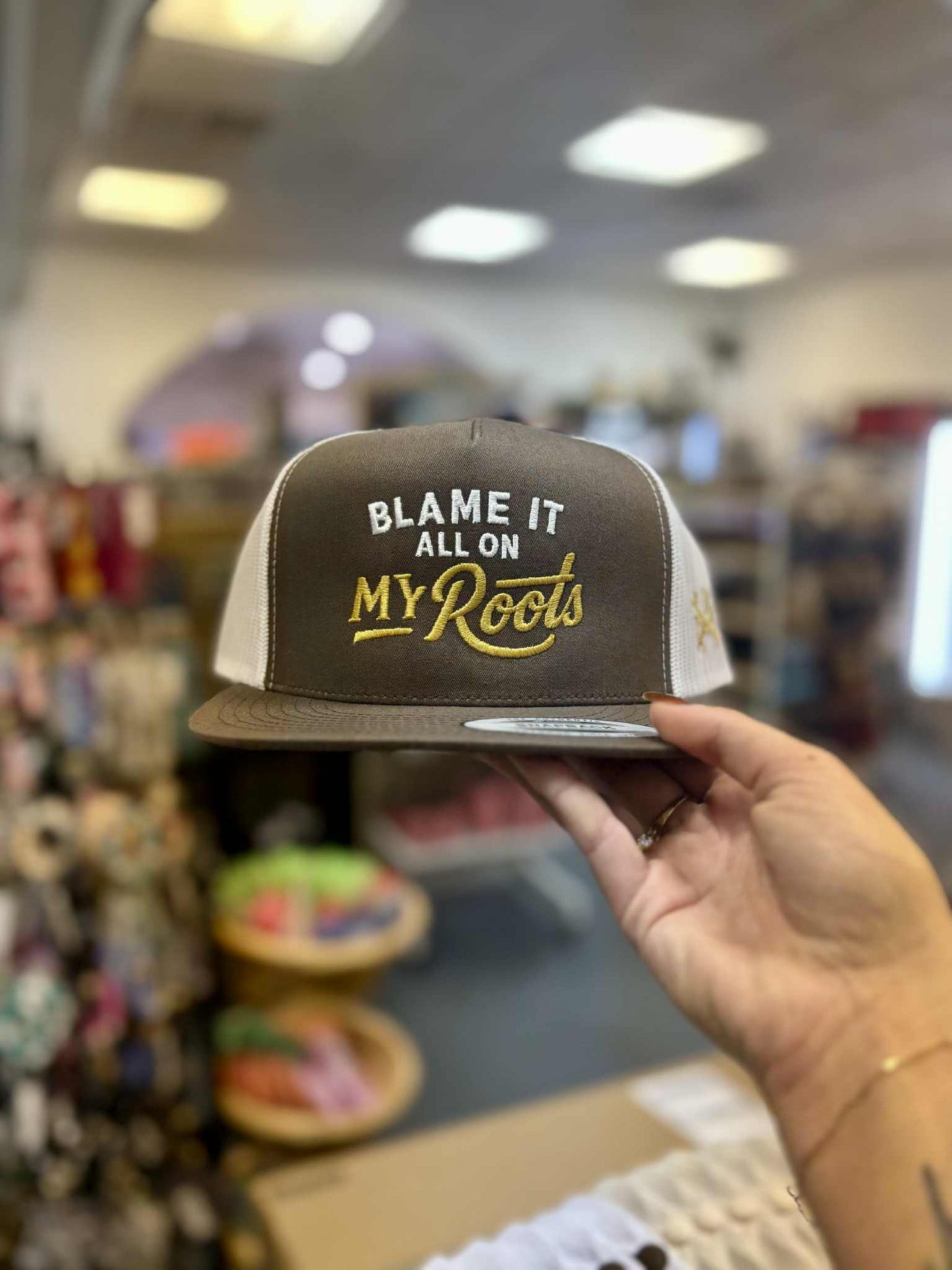 Blame It All On My Roots Flat Bill Trucker, Brown/White
