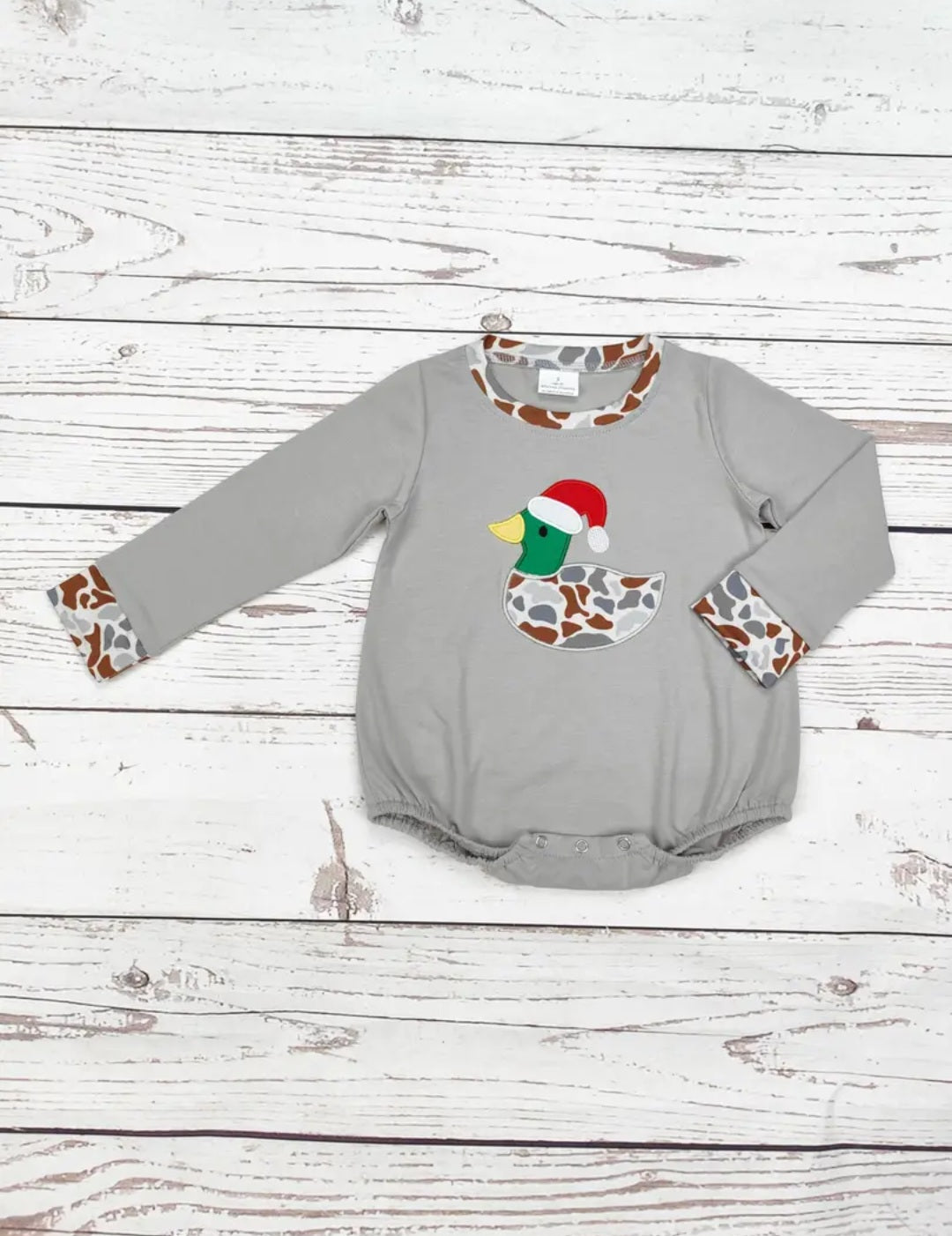 Baby Boy Camo Christmas Duck Applique Bubble