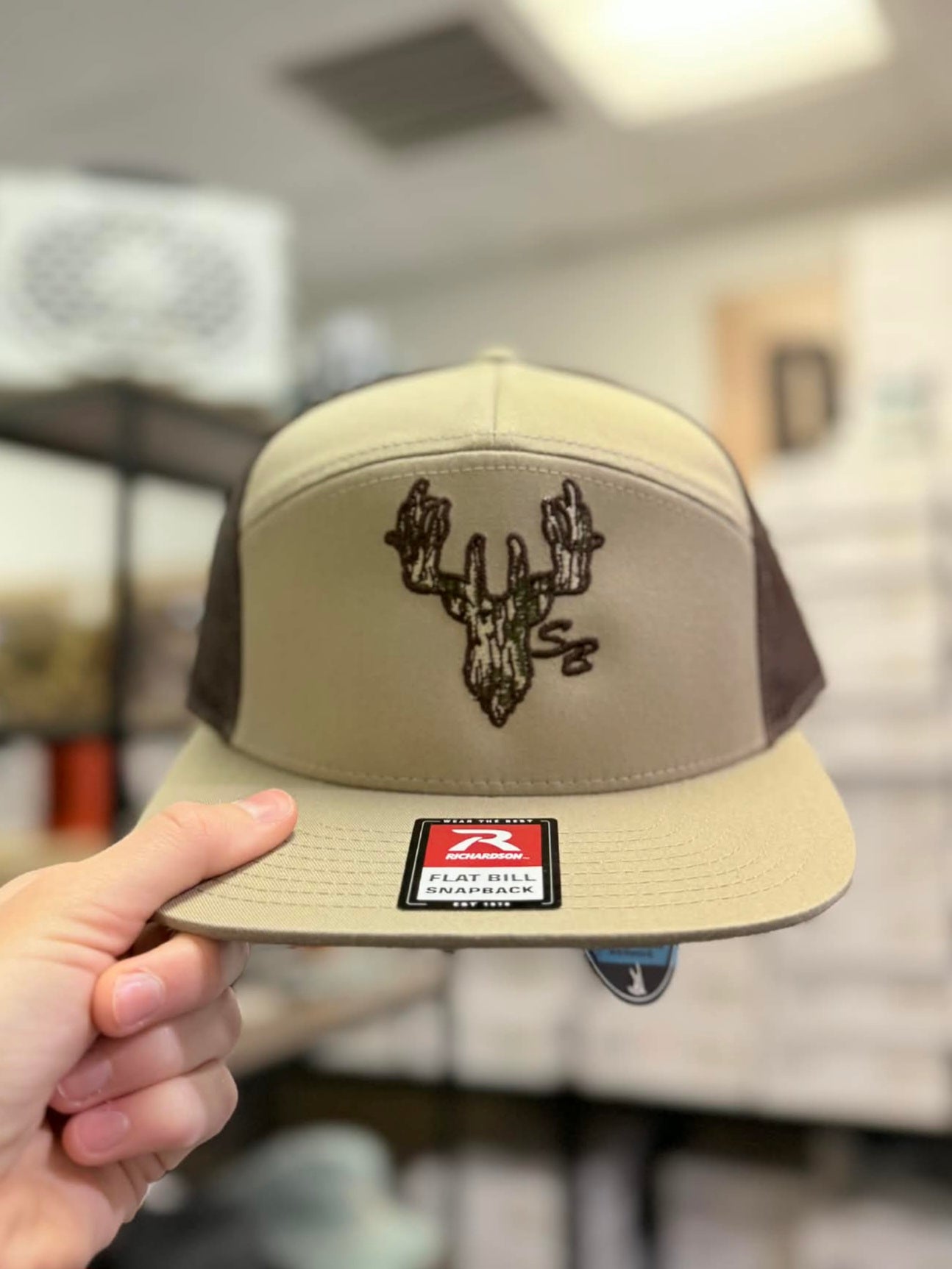 7 Panel SB Camo Deer Hat, Khaki/Brown
