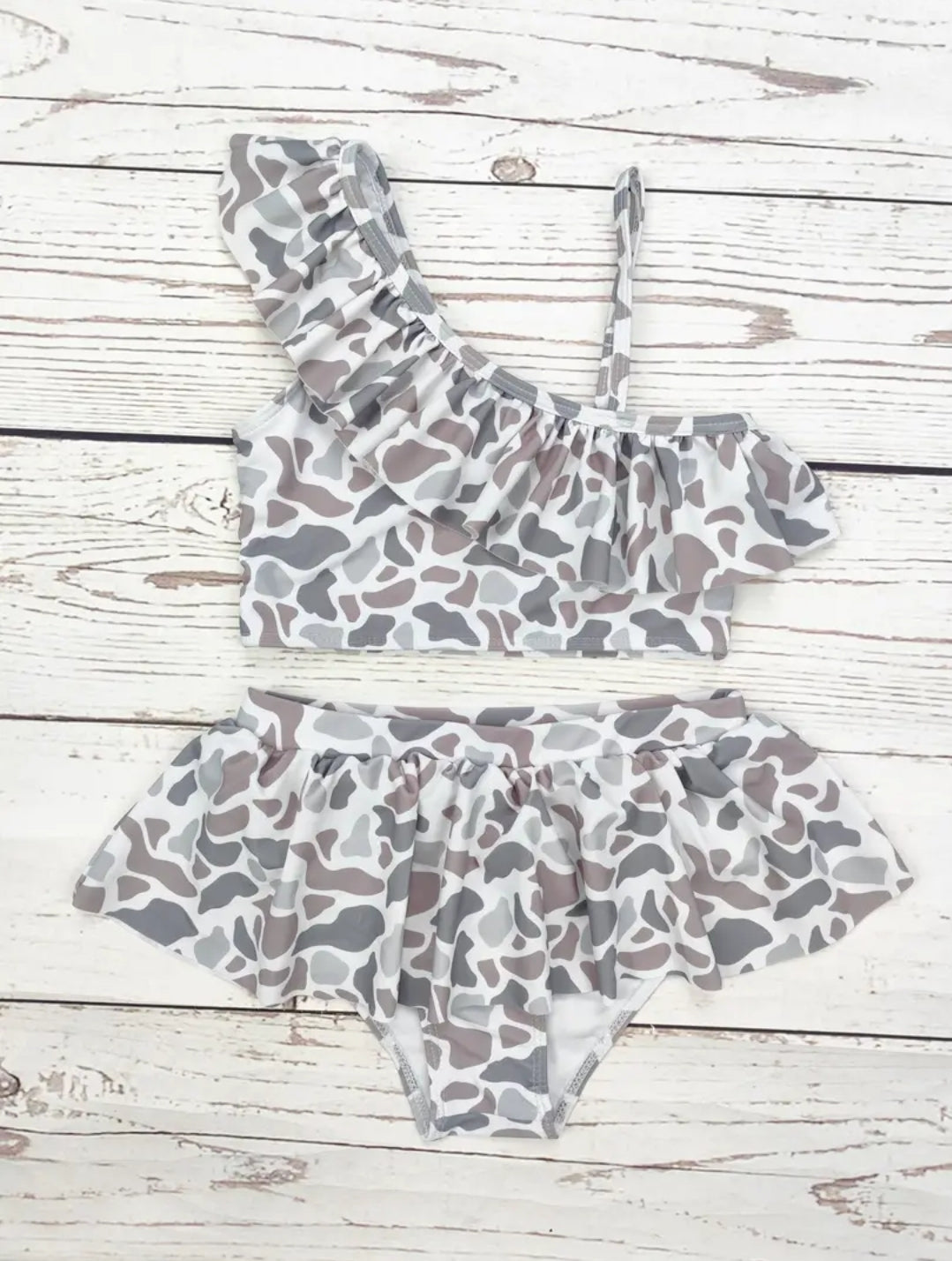 Kids Two Piece Camo Swimwear, Gray Camo