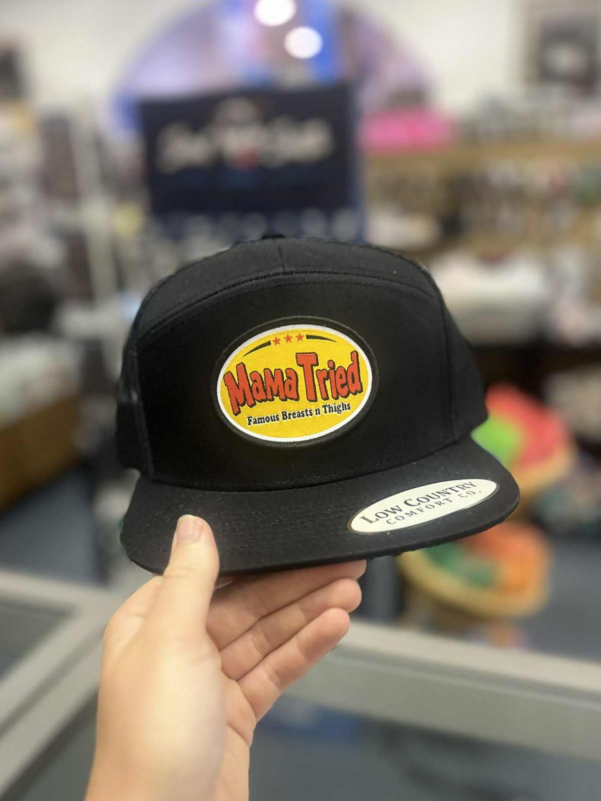 Mama Tried Famous Woven Patch 7 Panel Hat, Black