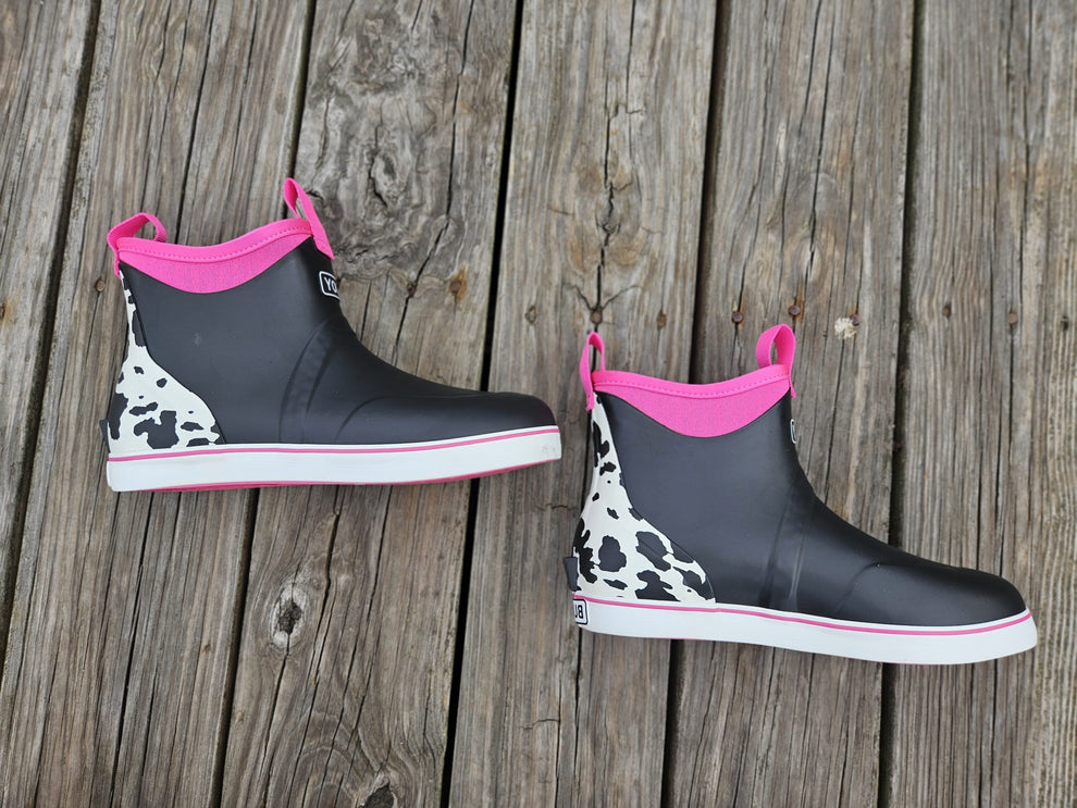 Women's Black and Pink Cow Print Buoy Boots