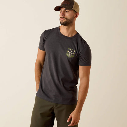 ARIAT MENS STRIPE PATRIOTIC BADGE SHIRT, CHARCOAL HEATHER