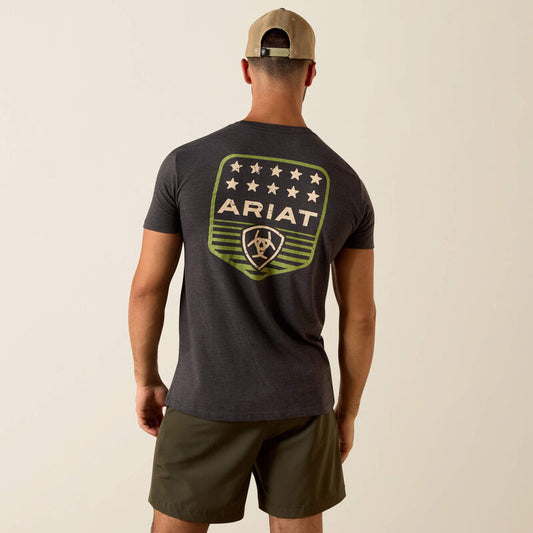 ARIAT MENS STRIPE PATRIOTIC BADGE SHIRT, CHARCOAL HEATHER