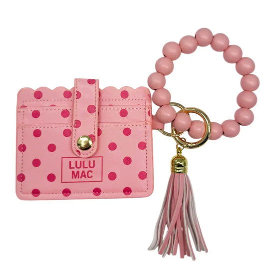Lulu Mac Beaded Wristlet ID Wallet, Pink/Hot Pink Dots