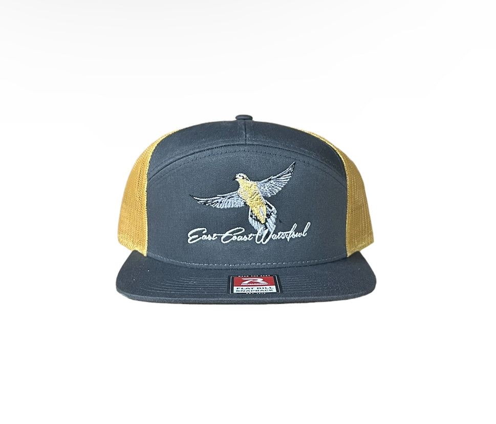 ECW, 7 Panel Embroidered Dove Logo, Charcoal/Tobacco Gold