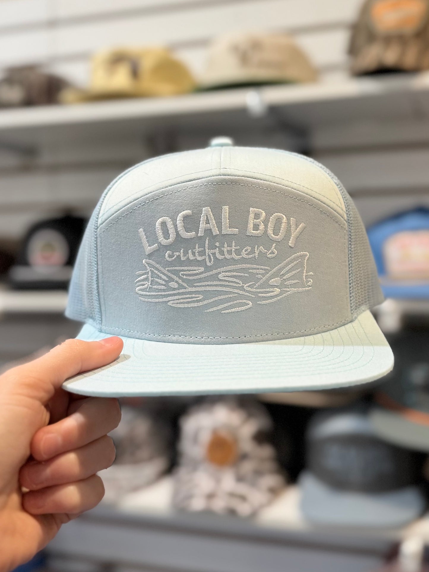 Fish Tails 7 Panel Hat, Light Blue/Sky Blue