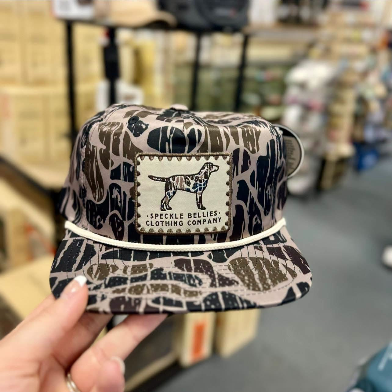 Camo Dog Stamp Patch 5 Panel Rope Hat, Beaver Bottom