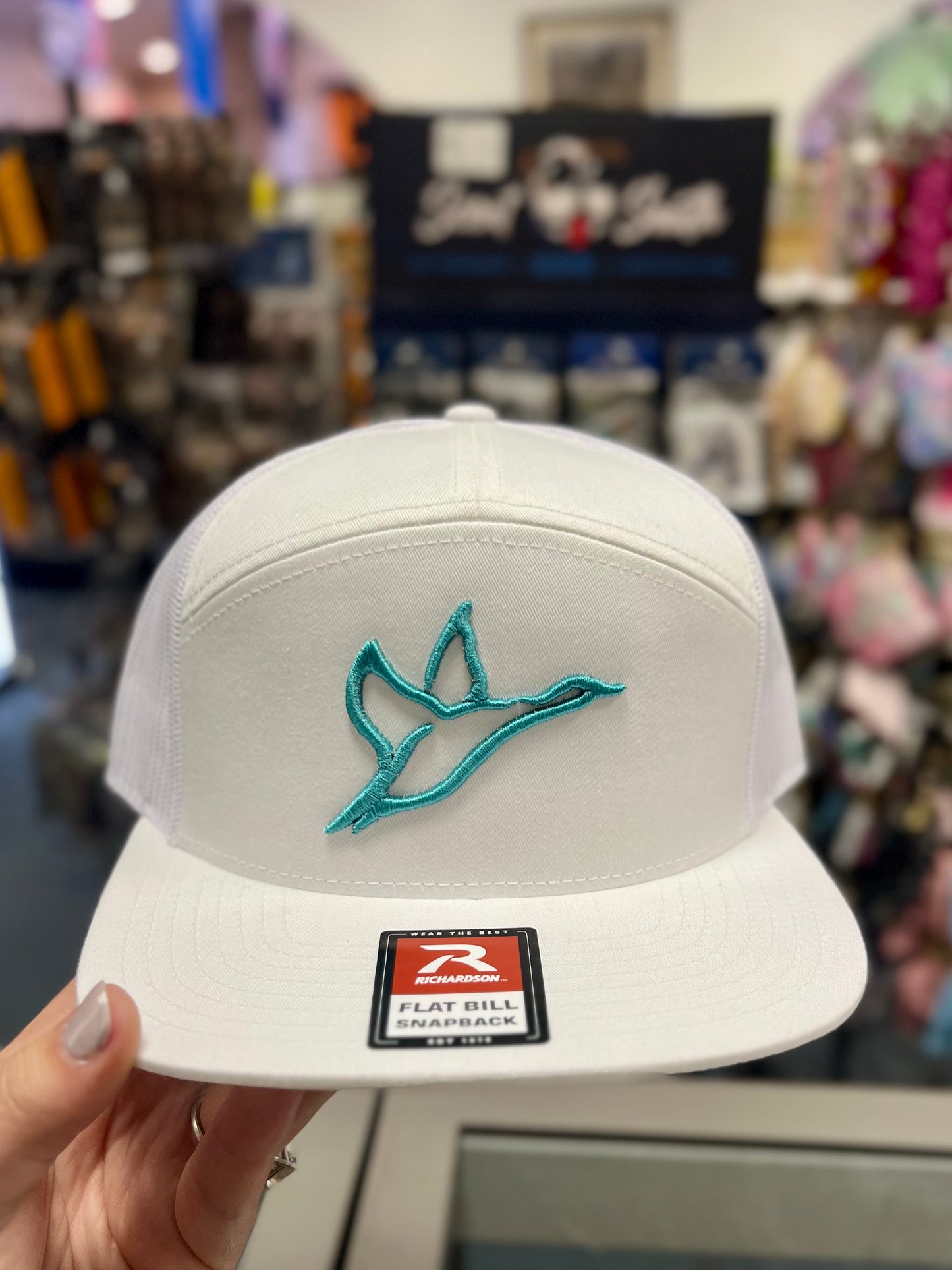 Combat Waterfowl, 7 Panel White Hat, Seafoam Icon