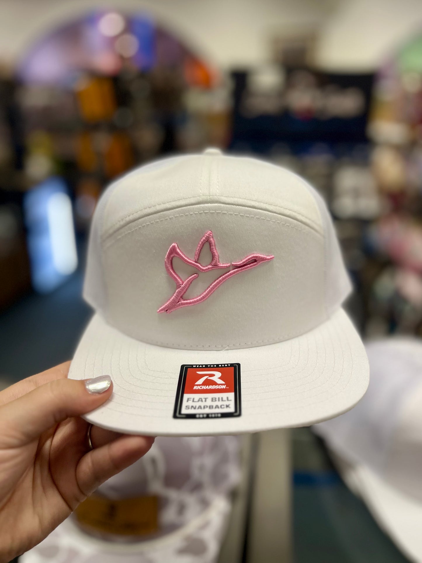 Combat Waterfowl, 7 Panel White Hat, Pink Icon