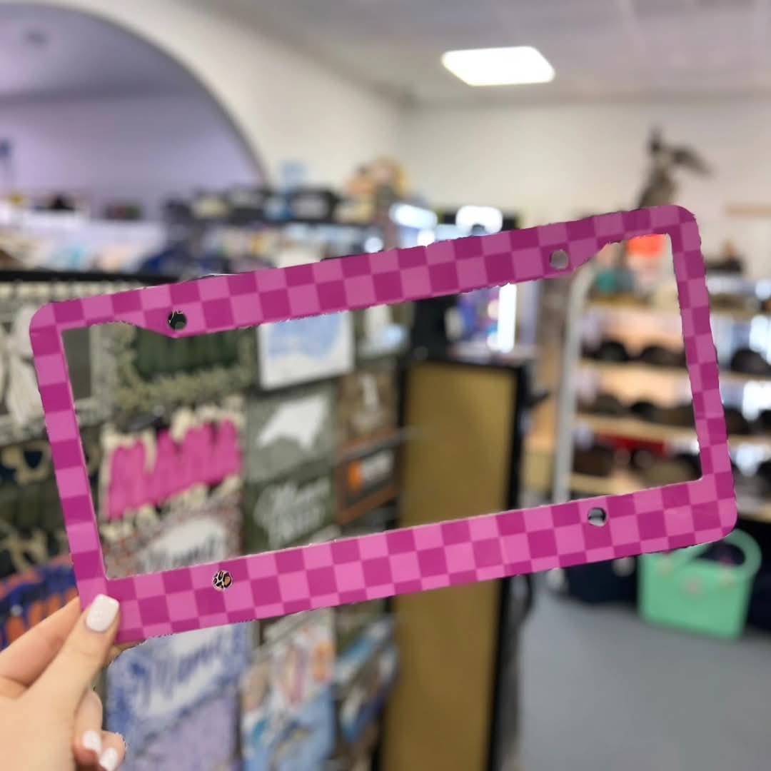 License Plate Frame, Pink Checkered