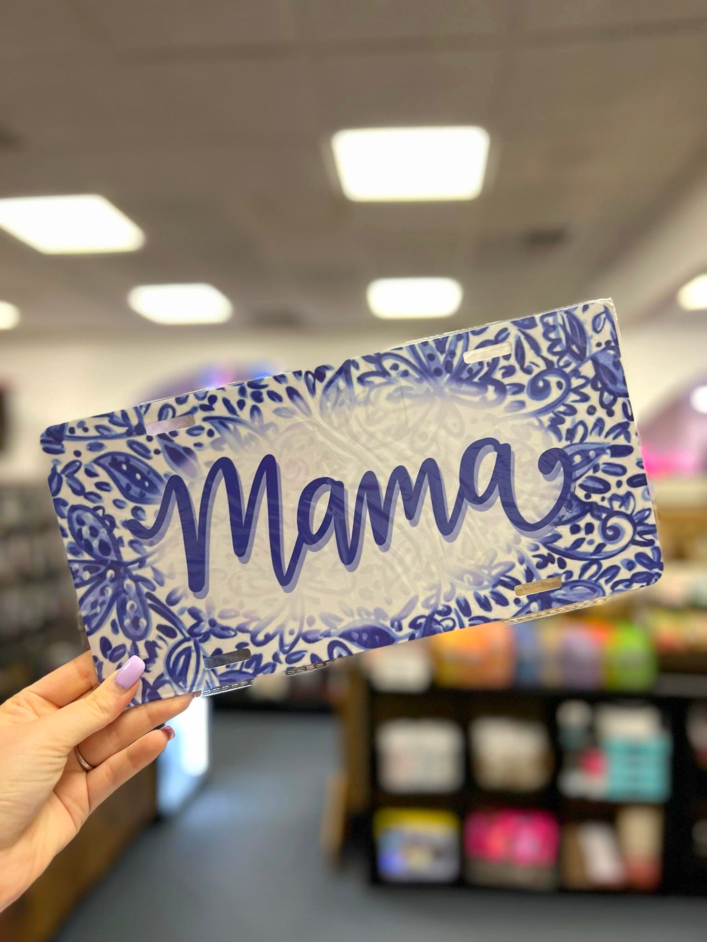 Mama Blue/White License Plate