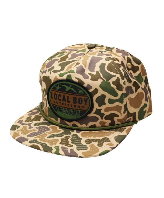 Duck Badge Flat Brim Hat, Old School Camo