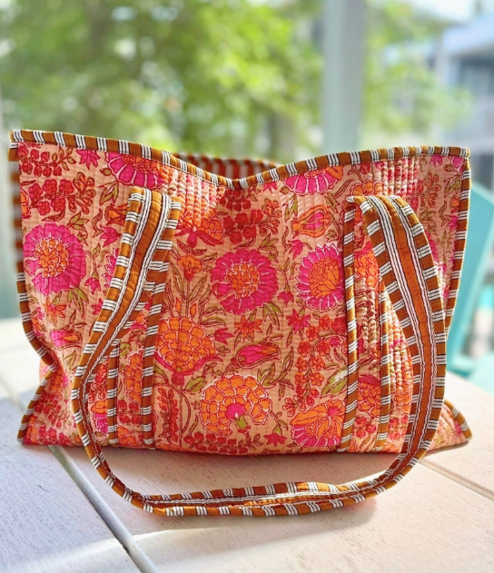 Rue Orange Floral Patterned Tote Bag