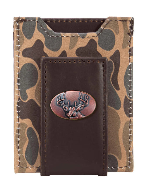 Zeppro Leather Magnetic Front Pocket Wallet, Buck, Brown Camo