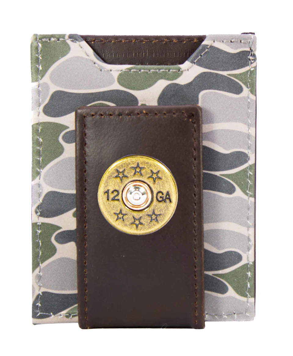 Zeppro Leather Magnetic Front Pocket Wallet, Shotshell, Green Camo