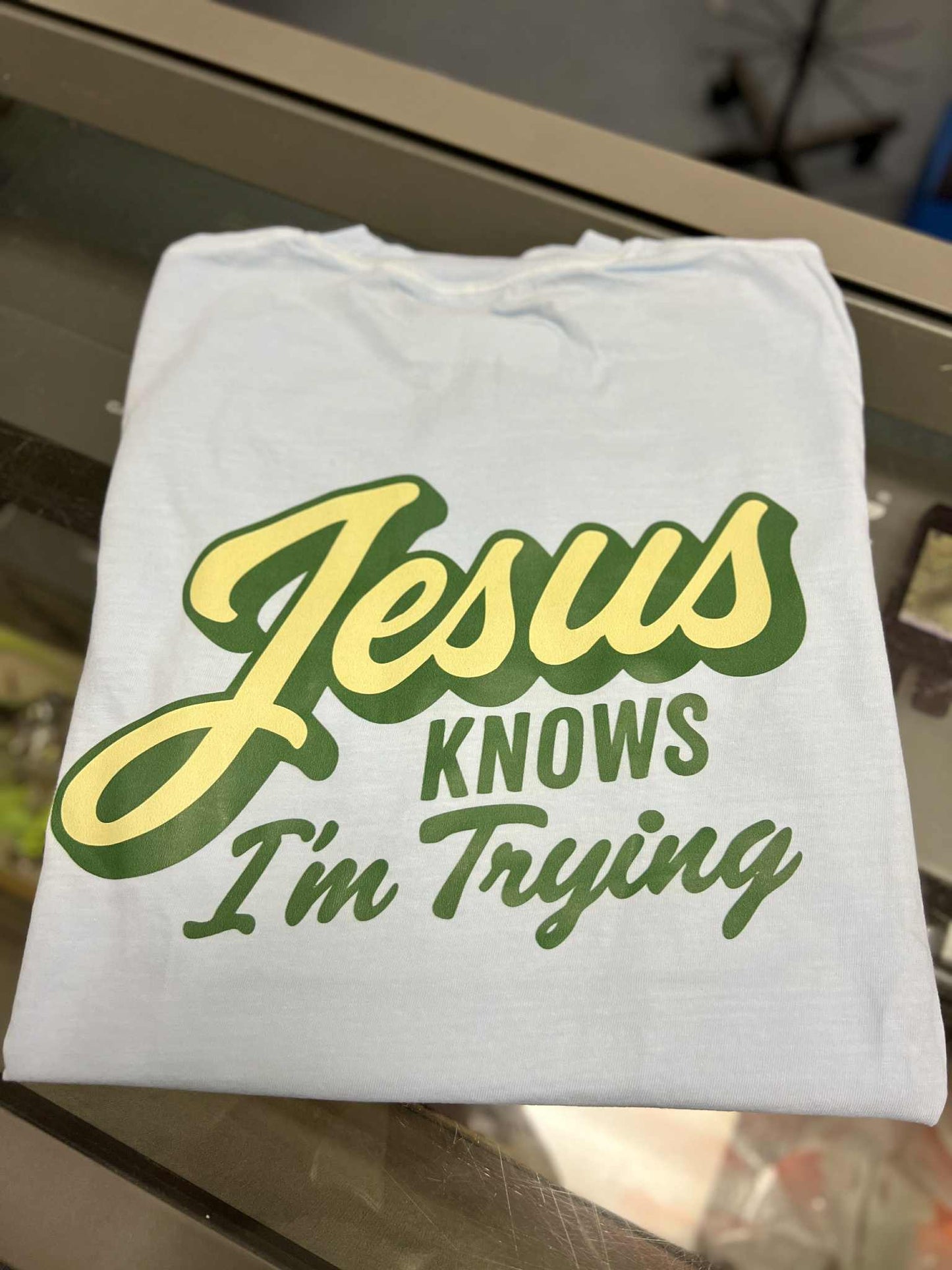 Jesus Knows I'm Trying Short Sleeve, Chambray