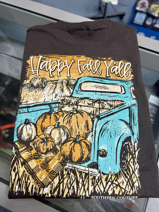 Classic Happy Fall Y'all Truck Short Sleeve, Dark Chocolate
