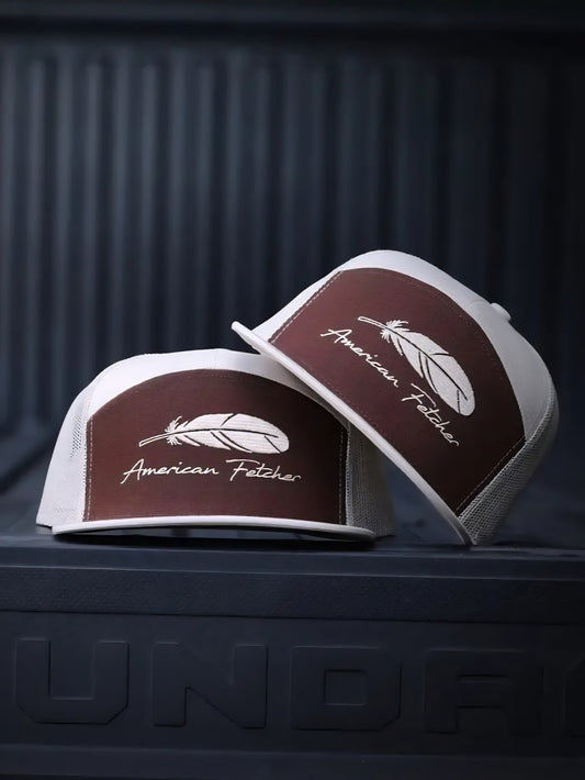 American Fetcher, 7 Panel Feather Hat, Ivory/Brown