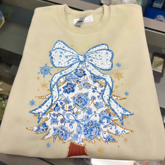 Coquette Blue Bow Tree Crewneck, Sand