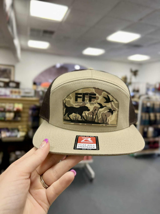Dog and Birds Leather Camo 7 Panel Trucker, Khaki/Brown