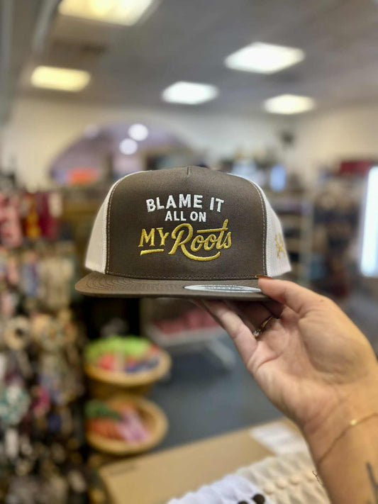 Blame It All On My Roots Flat Bill Trucker, Brown/White