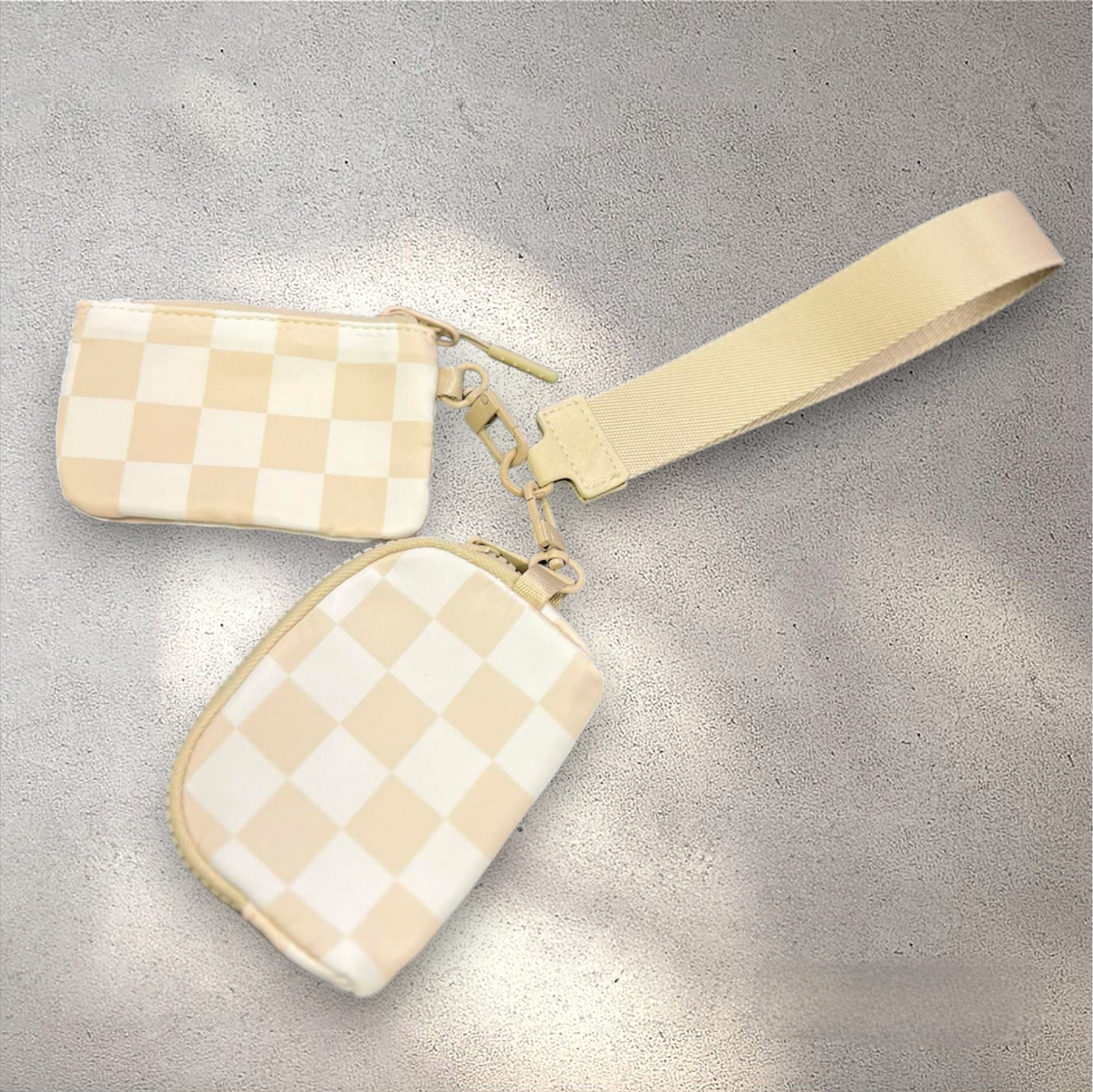 Double Pouch Keychain, Taupe/Checkered