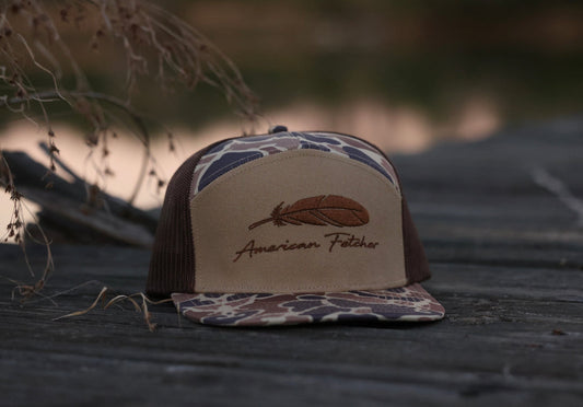 American Fetcher, 7 Panel Classic Feather Hat, Duck Camo