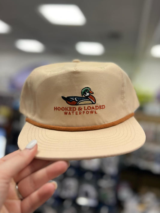 Hooked and Loaded, Woodie Waterfowl Khaki/Rust Rope Hat