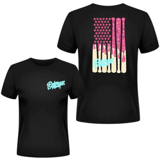 Pink Baseball Ice Cream Flag T-Shirt, Black