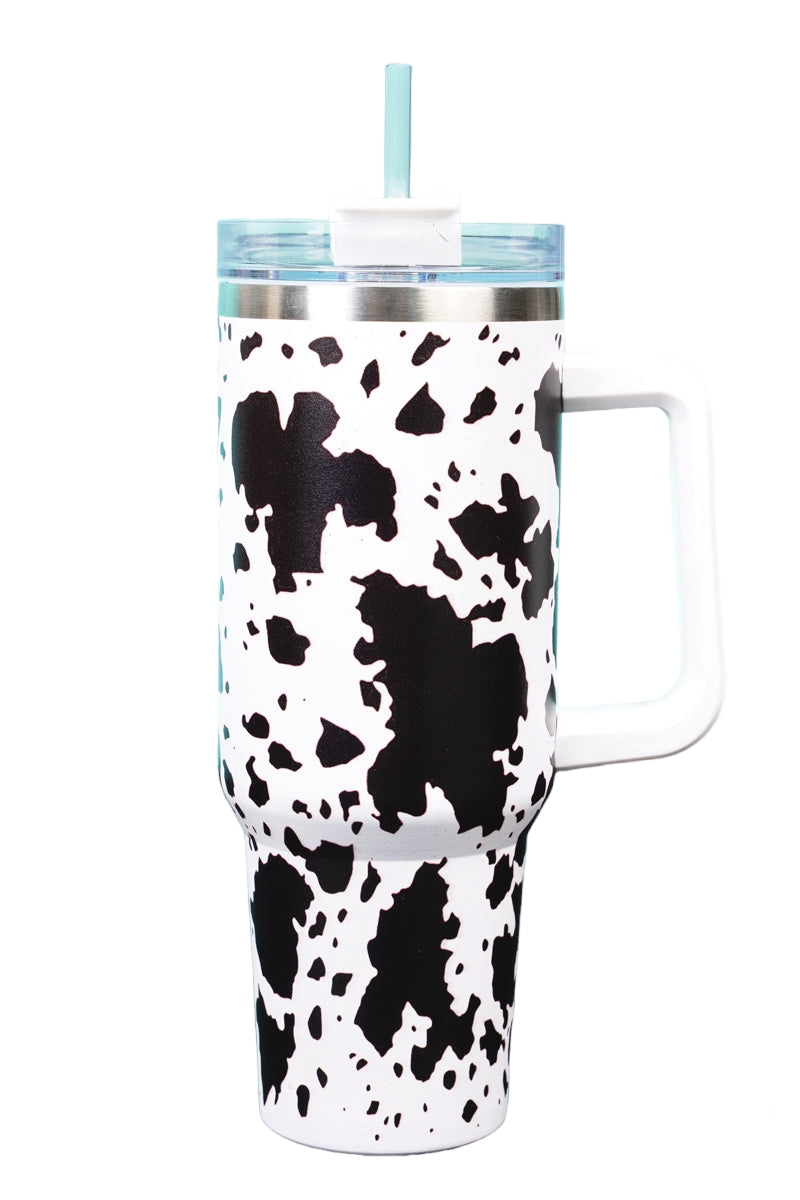 Black and White Cow 40oz Tumbler With Handle Sleeve